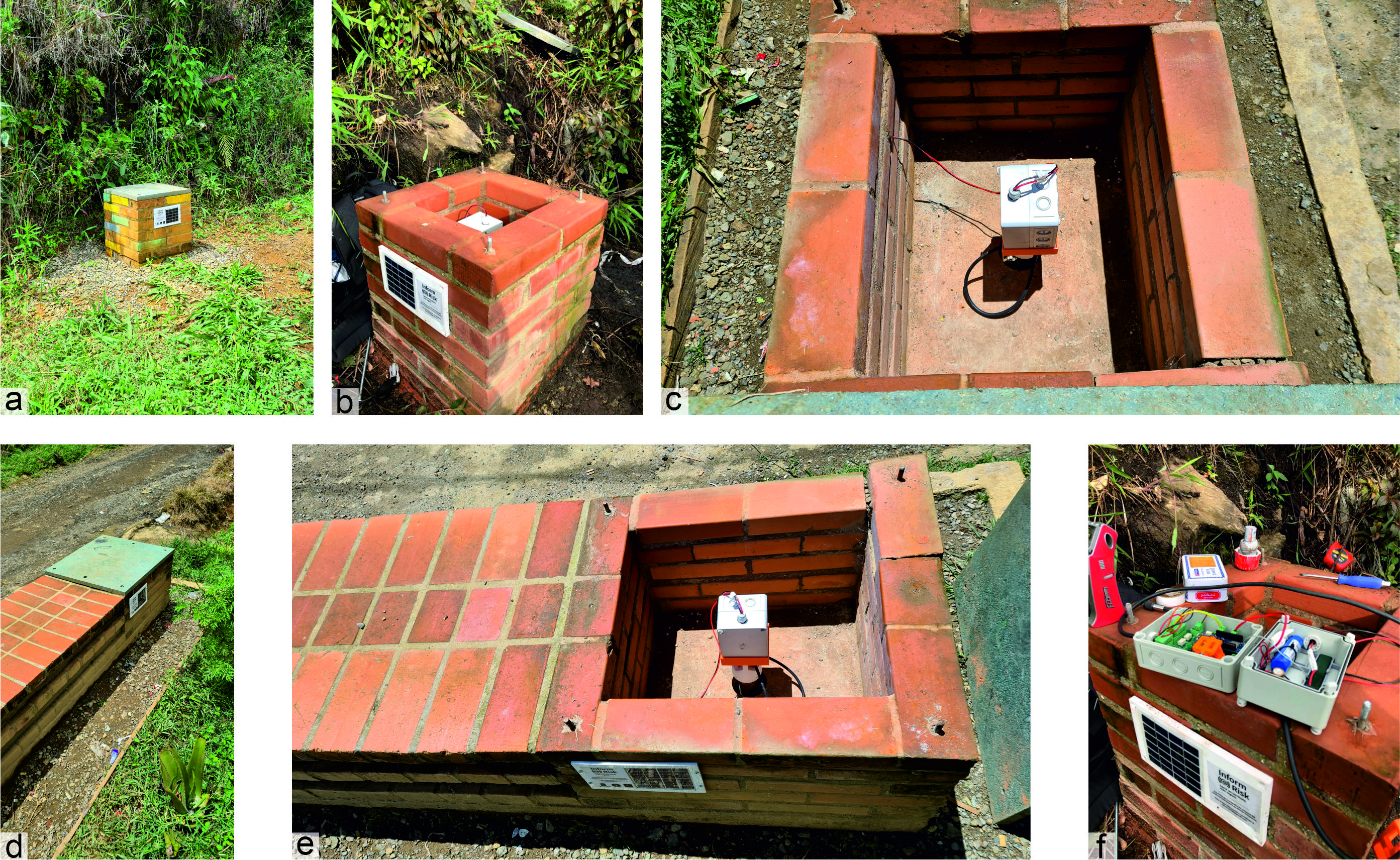 Totem (a, b, c, f) and bench (d, e) versions of the sensor protection.