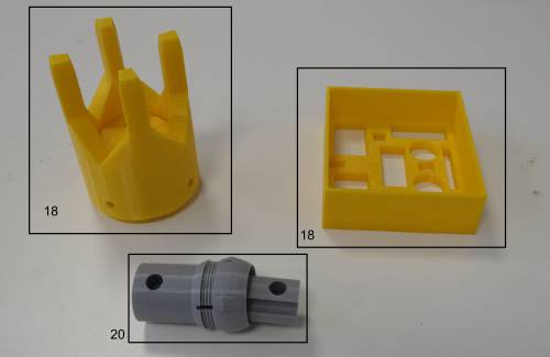 Zusätzliche 3D-Drucke: Kopfkappe, die oben auf das Bohrgehäuse aufgesetzt wird und den Messknoten (18) hält, und Gelenk (20).